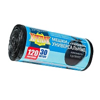 Мешки для мусора 120 л, с ушками, черные, в рулоне 30 шт., ПНД, 15 мкм, 1100х700 мм, Крепак, 4607075710375 в Благовещенске